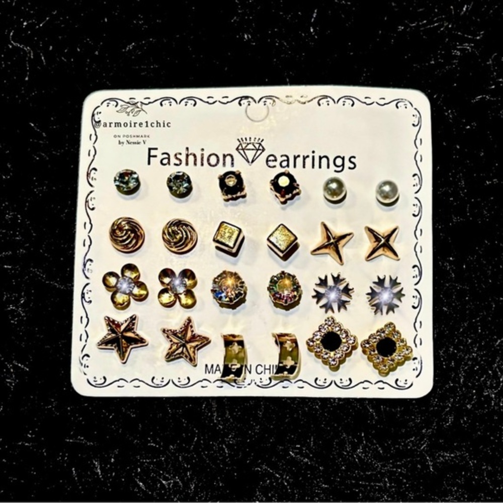 CLASSIC FASHION EARRINGS SET | 12 pairs | Metallic Snowflakes Stars Stones